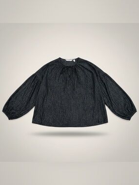 & Other Stories Black Iridescent Blue Metallic Pinstripe Peasant Blouse Size 6